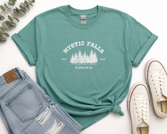 Mystic Falls Virginia Shirt | Vintage TV-Inspired Graphic Tee | Aquatic Gildan Heavy Cotton | Retro Small Town Tee | Cozy Fan Apparel