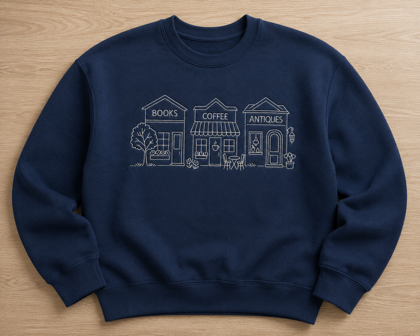 Bookstore Row Embroidered Sweatshirt | Books Coffee Antiques Crewneck | Cozy Bookish Sweatshirt