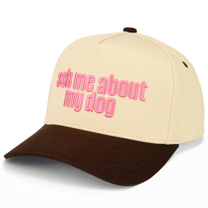 C.C ASK ME ABOUT MY DOG Letter on Two Tone Trucker Hat: Brown