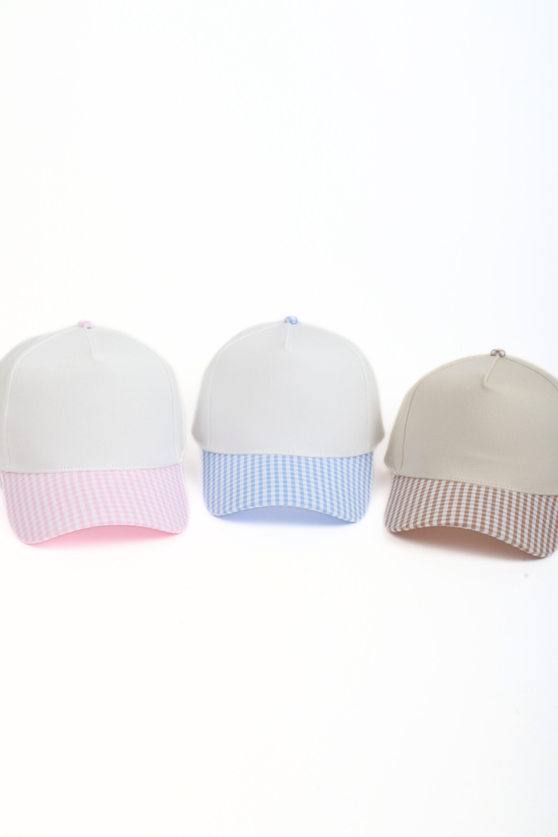 GINGHAM Print Brim Two Tone 5 Panel Cap: Khaki