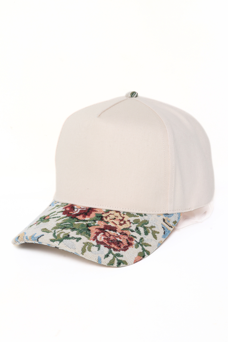 Floral Print Brocade 5 Panels Two Tone Baseball Cap: Beige