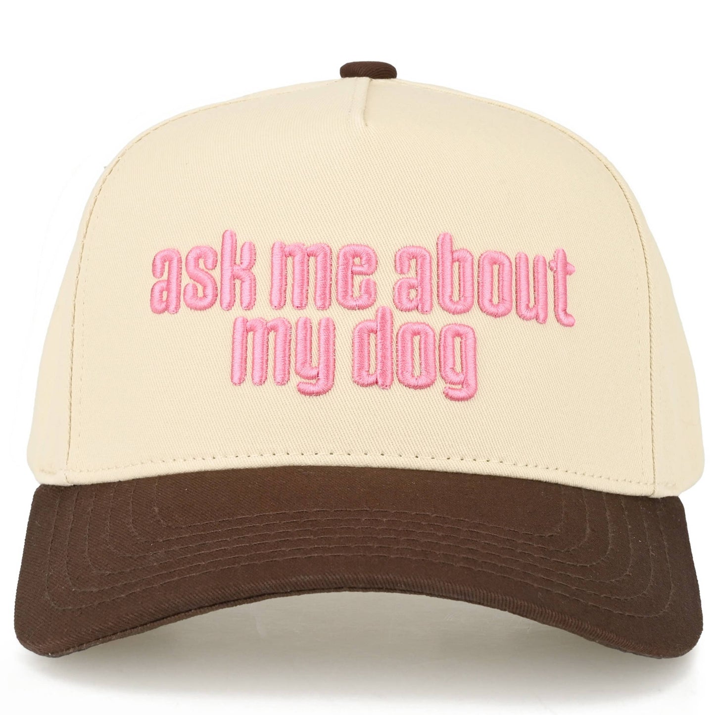 C.C ASK ME ABOUT MY DOG Letter on Two Tone Trucker Hat: Brown