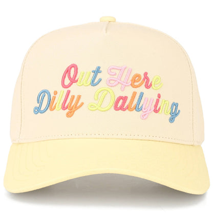 C.C OUT HERE DILLY DALLYING Letter on Two Tone Trucker Hat: Butter Yellow