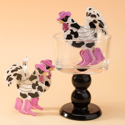 Funny Cow Print Rooster with Western Hat & Boots Hair Claw: Rooster