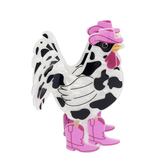 Funny Cow Print Rooster with Western Hat & Boots Hair Claw: Rooster