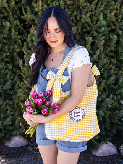 Book Lover Bow Tote: Blue Gingham