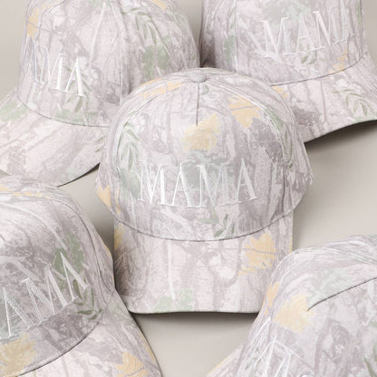 MAMA Letter Embroidery Nature Camo Trucker Hat: BEIGE CAMO / ONE SIZE