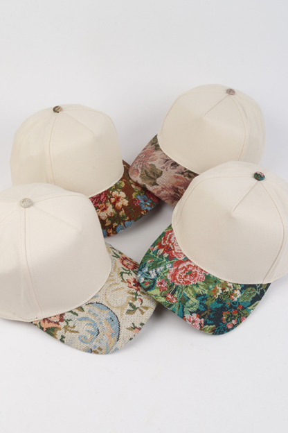 Floral Print Brocade 5 Panels Two Tone Baseball Cap: Beige