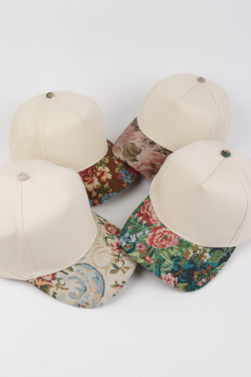 Floral Print Brocade 5 Panels Two Tone Baseball Cap: Mauve