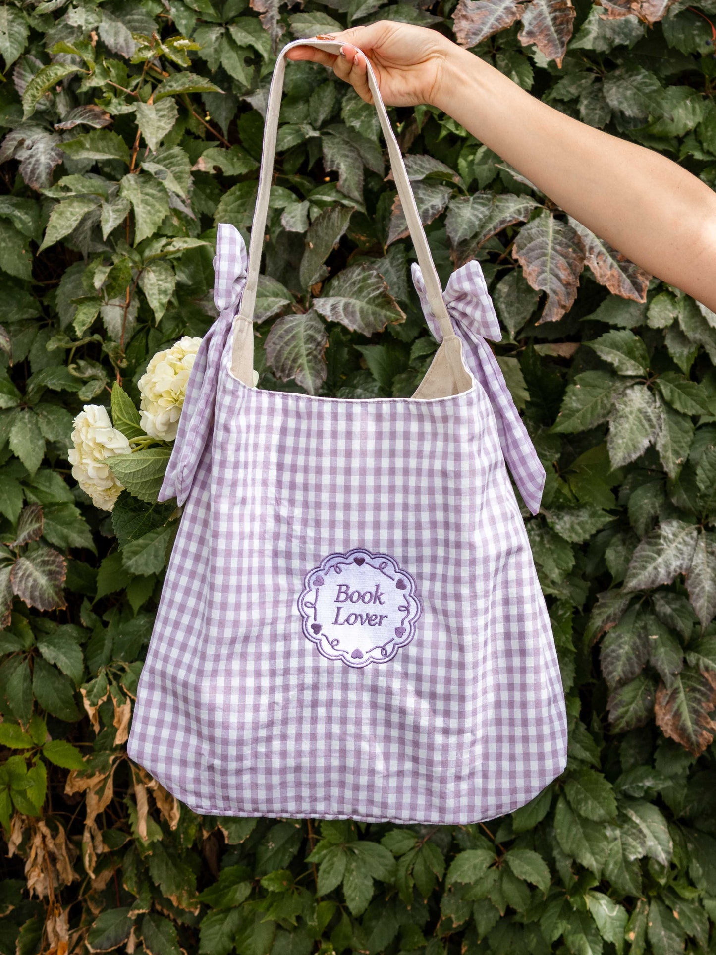 Book Lover Bow Tote: Lavender Gingham