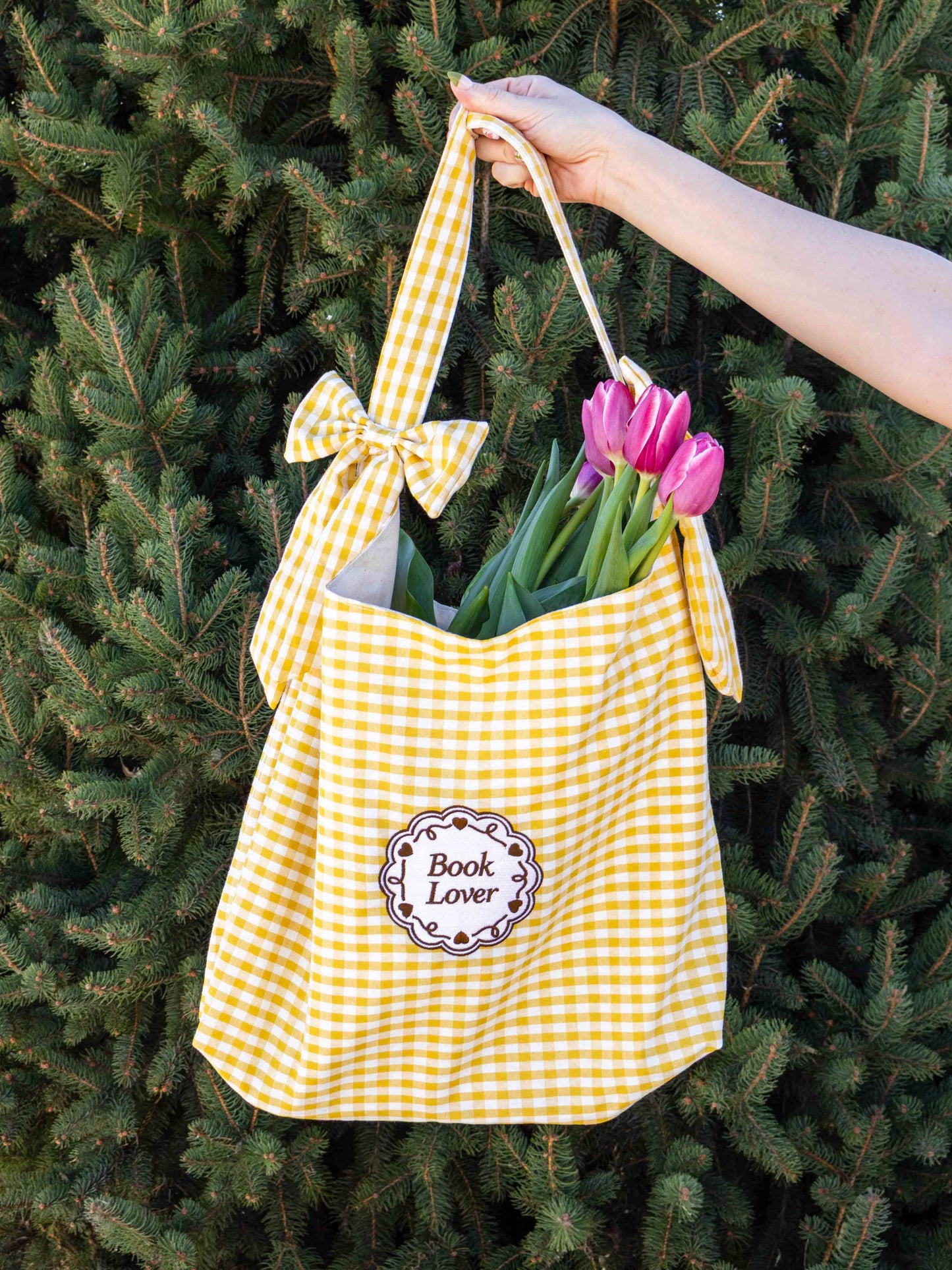 Book Lover Bow Tote: Lavender Gingham