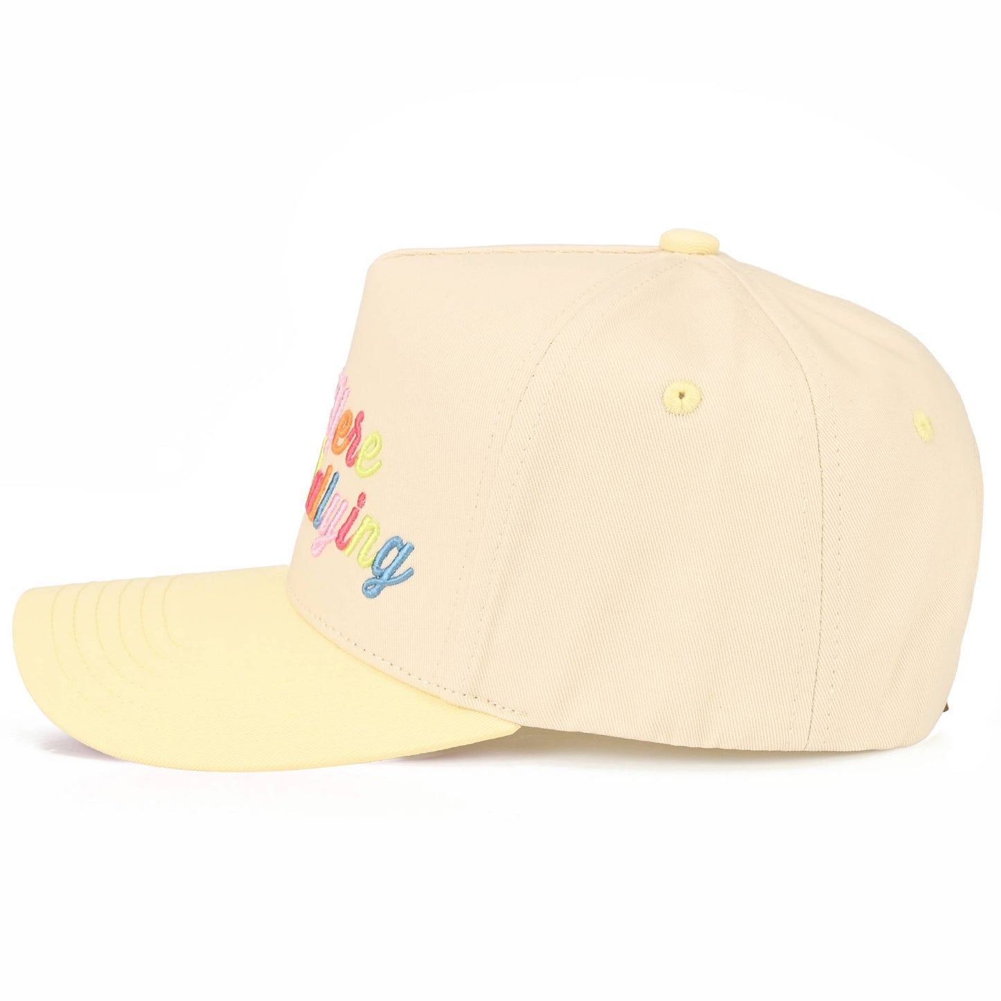 C.C OUT HERE DILLY DALLYING Letter on Two Tone Trucker Hat: Butter Yellow