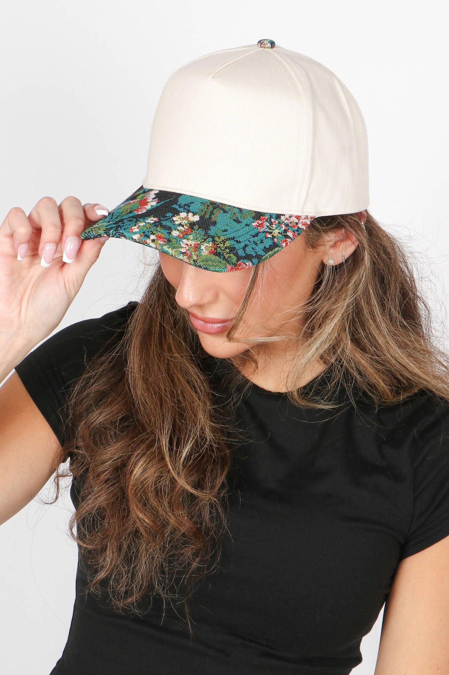 Floral Print Brocade 5 Panels Two Tone Baseball Cap: Beige