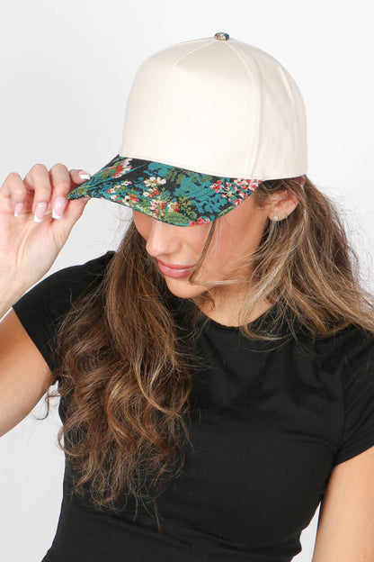 Floral Print Brocade 5 Panels Two Tone Baseball Cap: Beige