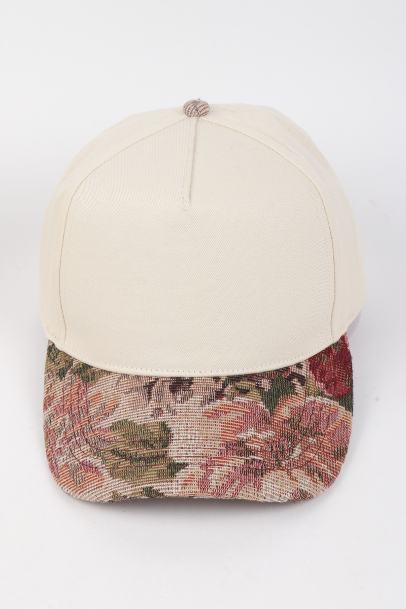 Floral Print Brocade 5 Panels Two Tone Baseball Cap: Beige