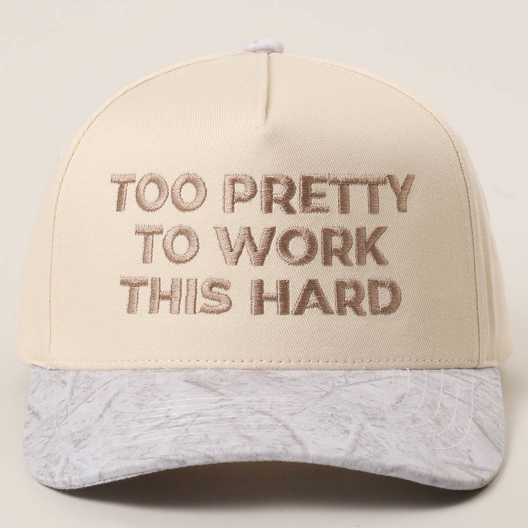 TOO PRETTY TO WORK Embroidery Trucker Hat: WHITE CAMO / One Size