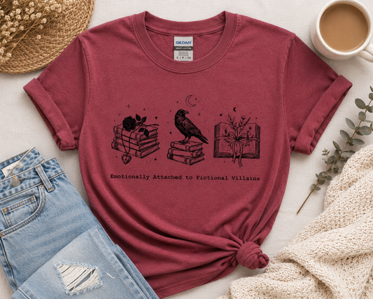 Emotionally Attached to Fictional Villains Tee | Antique Cherry Red Gildan Heavy Cotton | Bookish Graphic Shirt | Dark Romance Reader Gift | BookTok Shirt