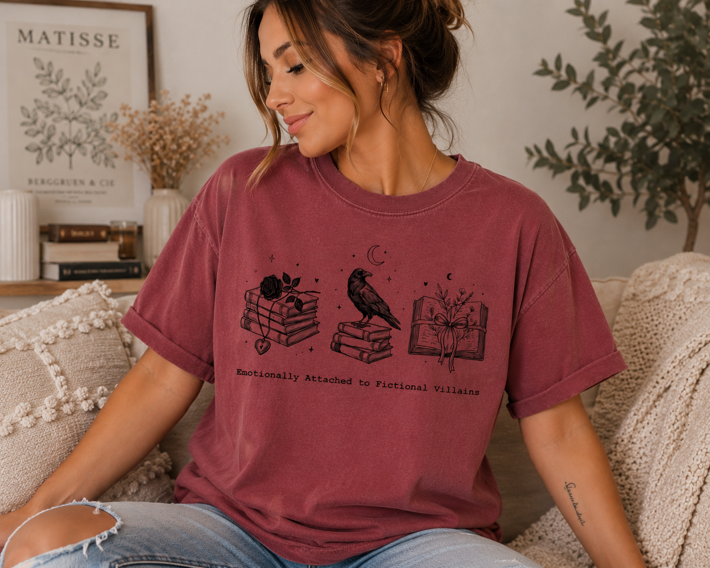 Emotionally Attached to Fictional Villains Tee | Antique Cherry Red Gildan Heavy Cotton | Bookish Graphic Shirt | Dark Romance Reader Gift | BookTok Shirt