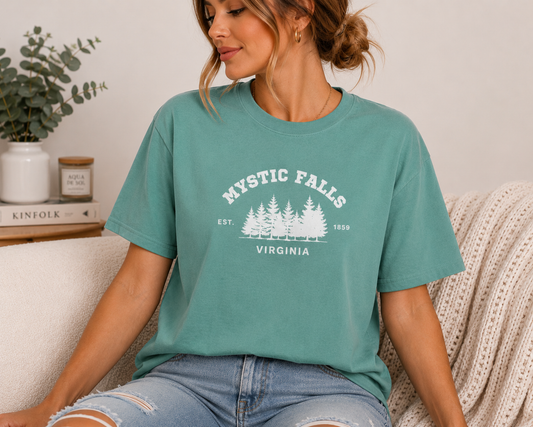 Mystic Falls Virginia Shirt | Vintage TV-Inspired Graphic Tee | Aquatic Gildan Heavy Cotton | Retro Small Town Tee | Cozy Fan Apparel