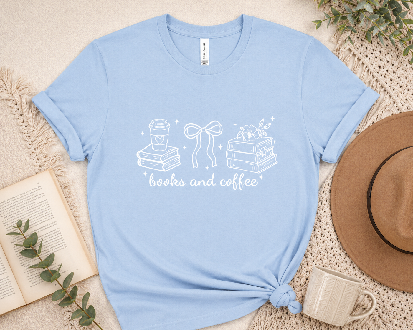 Books and Coffee Graphic Tee – Bella Canvas Baby Blue Shirt