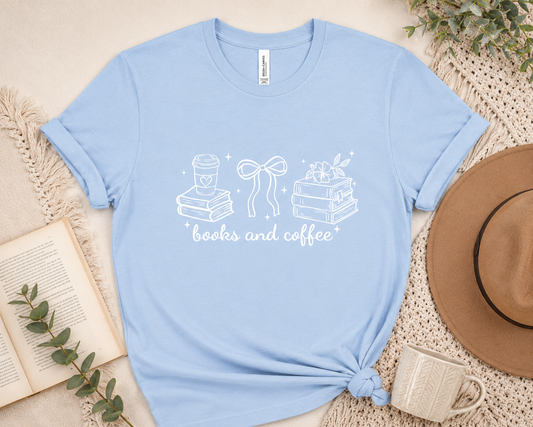 Books and Coffee Graphic Tee – Bella Canvas Baby Blue Shirt