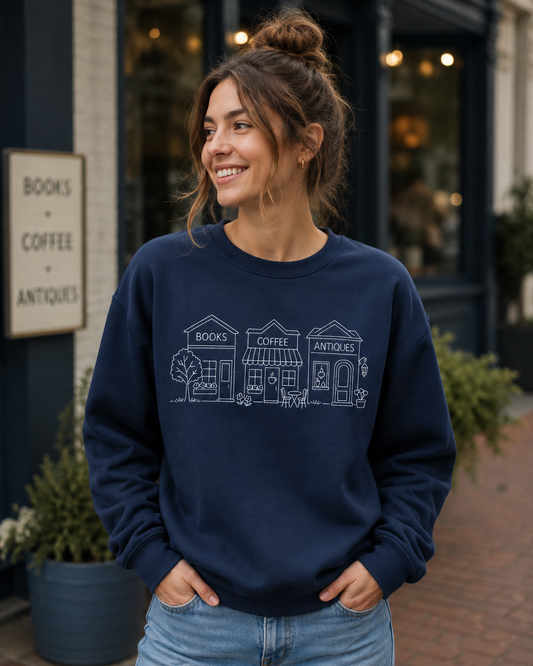 Bookstore Row Embroidered Sweatshirt | Books Coffee Antiques Crewneck | Cozy Bookish Sweatshirt