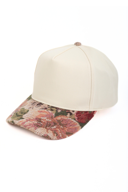 Floral Print Brocade 5 Panels Two Tone Baseball Cap: Beige