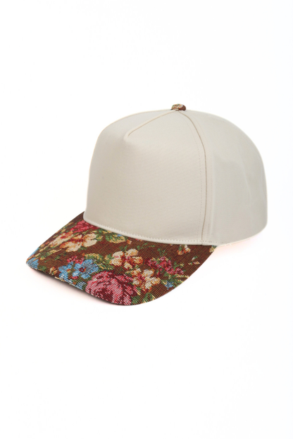 Floral Print Brocade 5 Panels Two Tone Baseball Cap: Beige