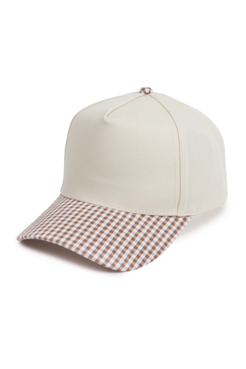 GINGHAM Print Brim Two Tone 5 Panel Cap: Khaki