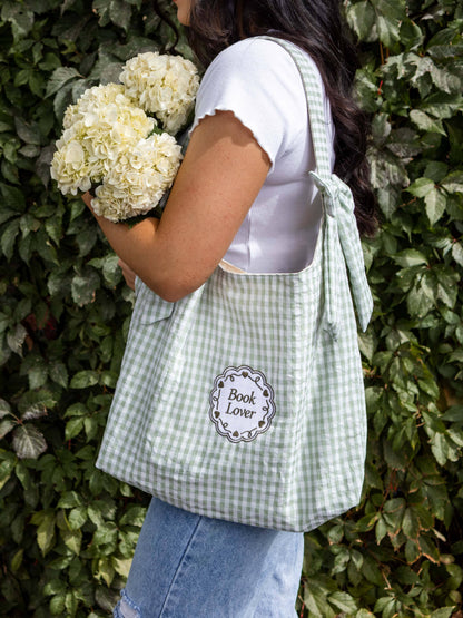 Book Lover Bow Tote: Sage Gingham