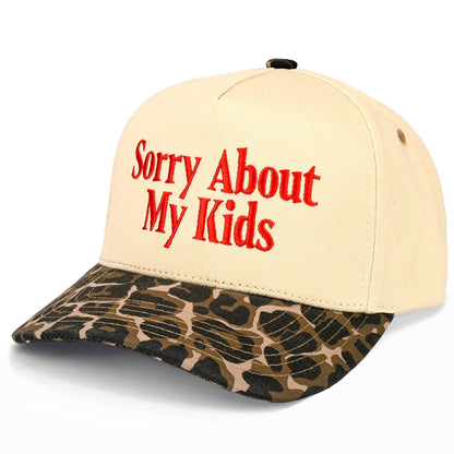 C.C SORRY ABOUT MY KIDS Letter Two Tone Trucker Hat: Black