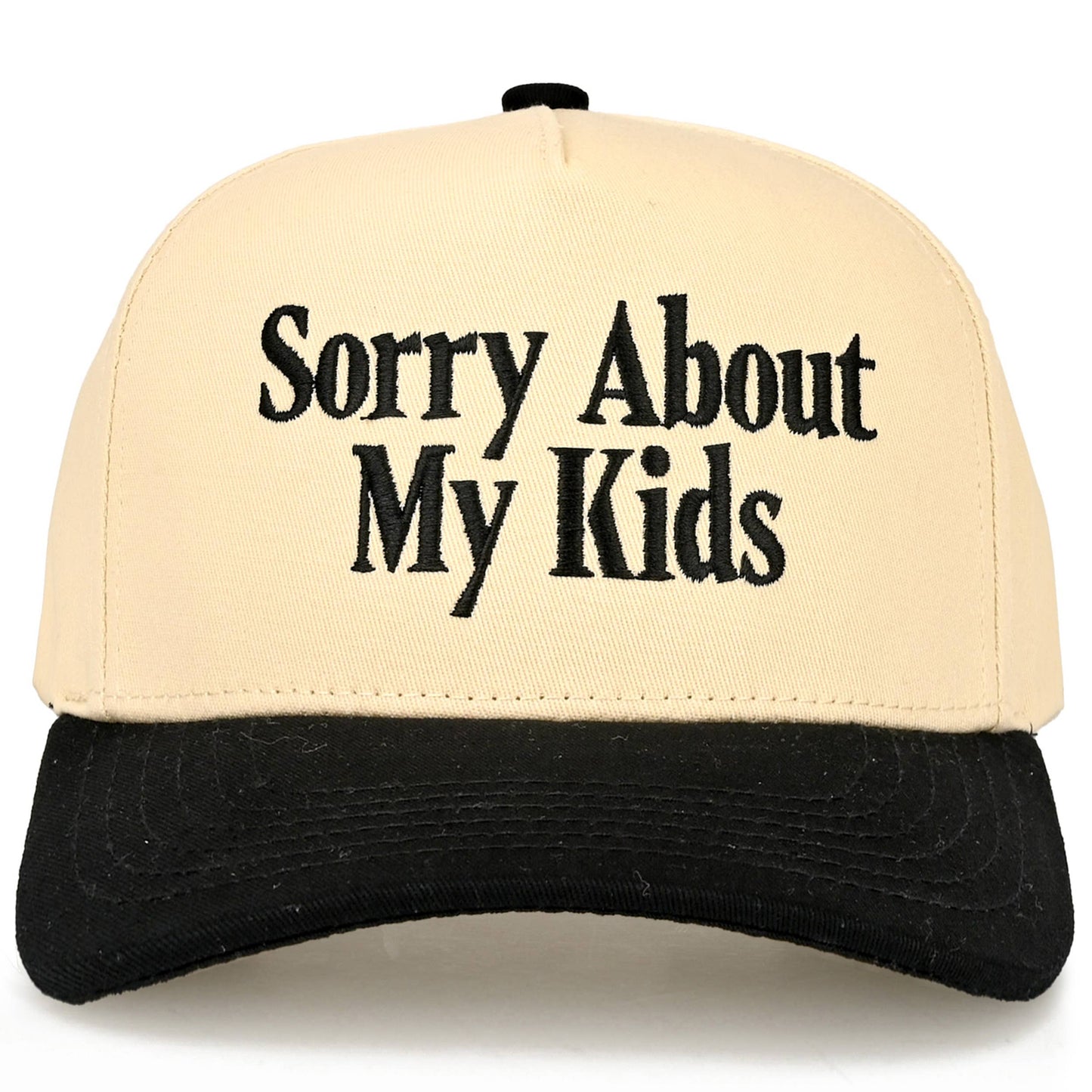 C.C SORRY ABOUT MY KIDS Letter Two Tone Trucker Hat: Black