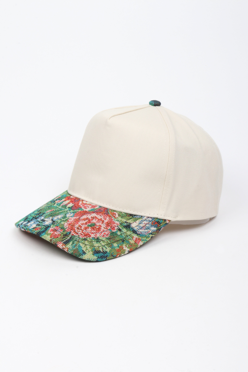Floral Print Brocade 5 Panels Two Tone Baseball Cap: Beige
