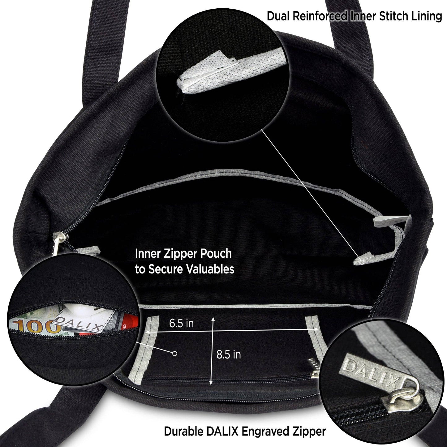 Dalix  20" Solid Color Soft Canvas Tote Bag: Black
