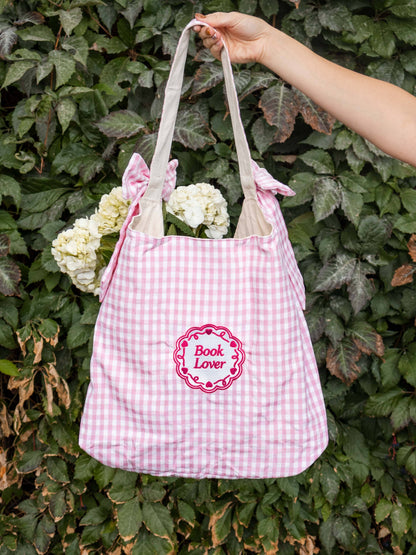 Book Lover Bow Tote: Pink Gingham
