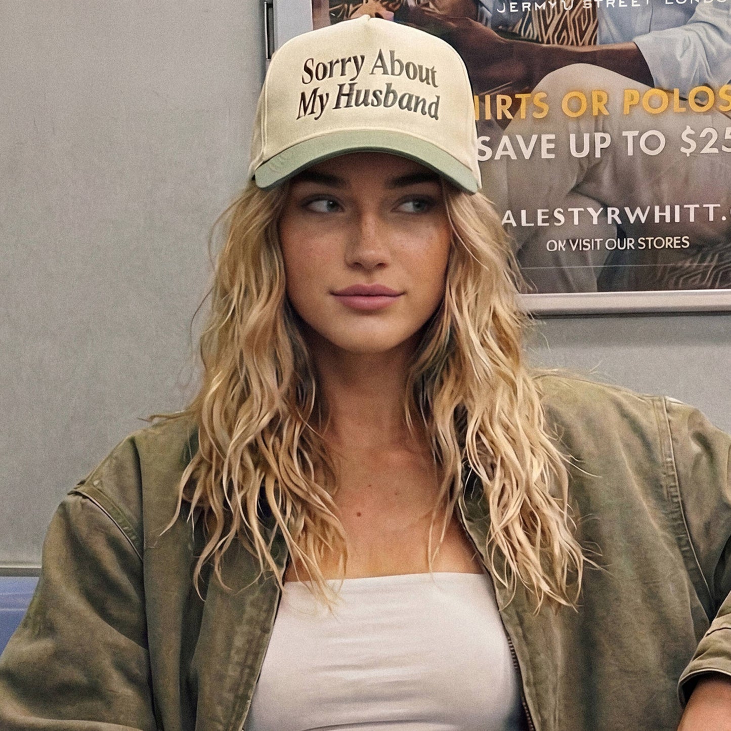C.C SORRY ABOUT MY HUSBAND Letter Two Tone Trucker Hat: Black