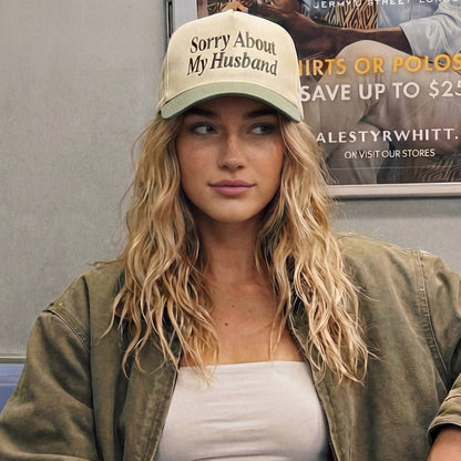 C.C SORRY ABOUT MY HUSBAND Letter Two Tone Trucker Hat: Black