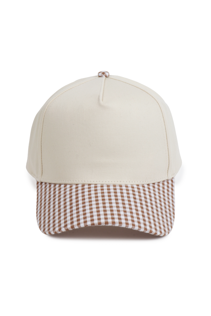GINGHAM Print Brim Two Tone 5 Panel Cap: Khaki