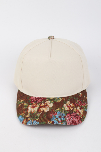 Floral Print Brocade 5 Panels Two Tone Baseball Cap: Beige