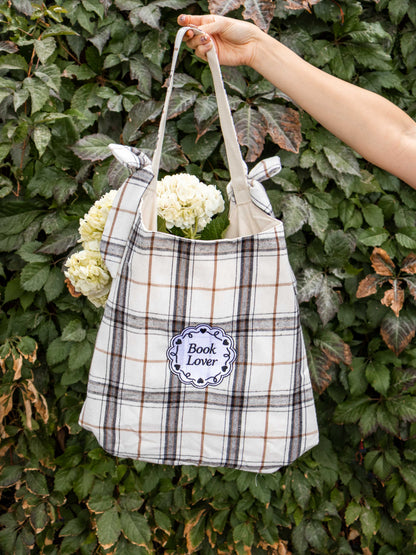 Book Lover Bow Tote: Lavender Gingham