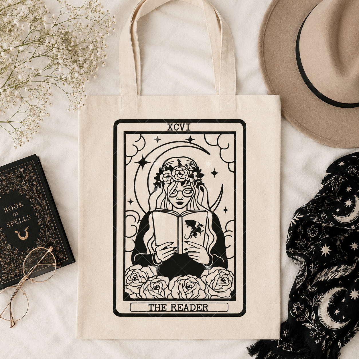 The Reader Tarot Tote Bag | Book Lover Canvas Tote